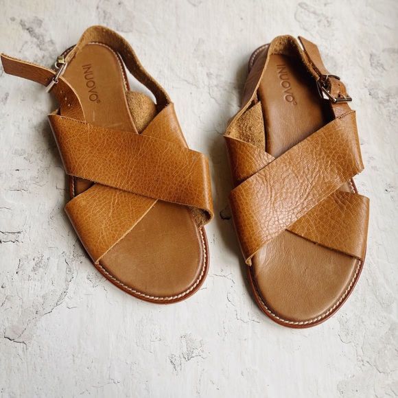 Nuovo Shoes - NUOVO Italian Genuine Leather Tan Cross Strap Slingback Flat Sandals Womens 41